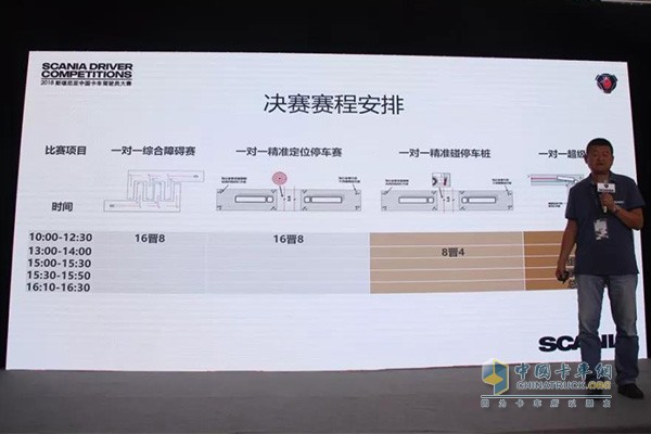 斯堪尼亞中國技術(shù)經(jīng)理潘耀徽講解賽制設(shè)置